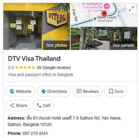 Ficha de Google Maps de la oficina de DTV Visa Thailand en Sathorn, Bangkok