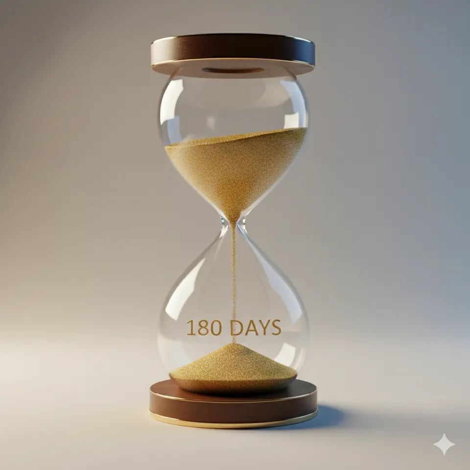 「180 DAYS」と書かれた砂時計（DTVビザの1回あたりの滞在可能日数）