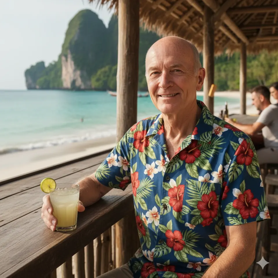 在泰國海灘酒吧放鬆的退休人士