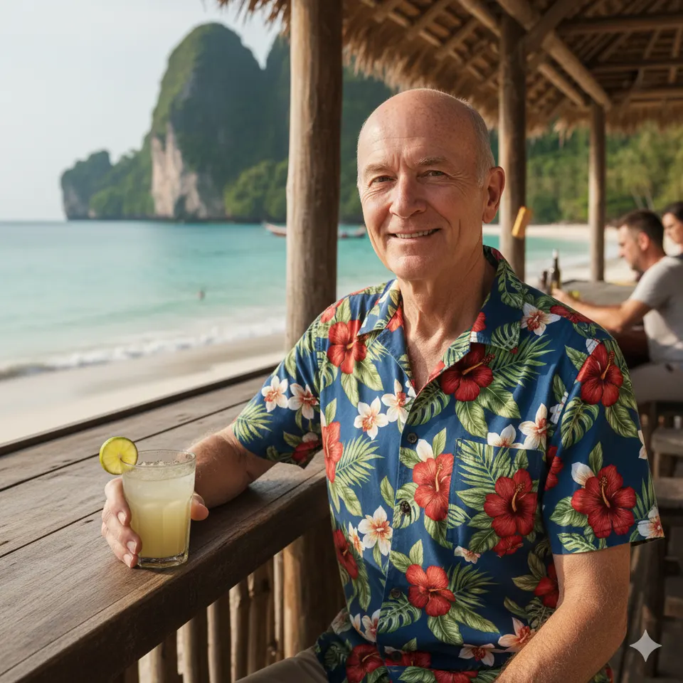 ผู้เกษียณอายุนั่งพักผ่อนที่บาร์ริมชายหาดในประเทศไทย